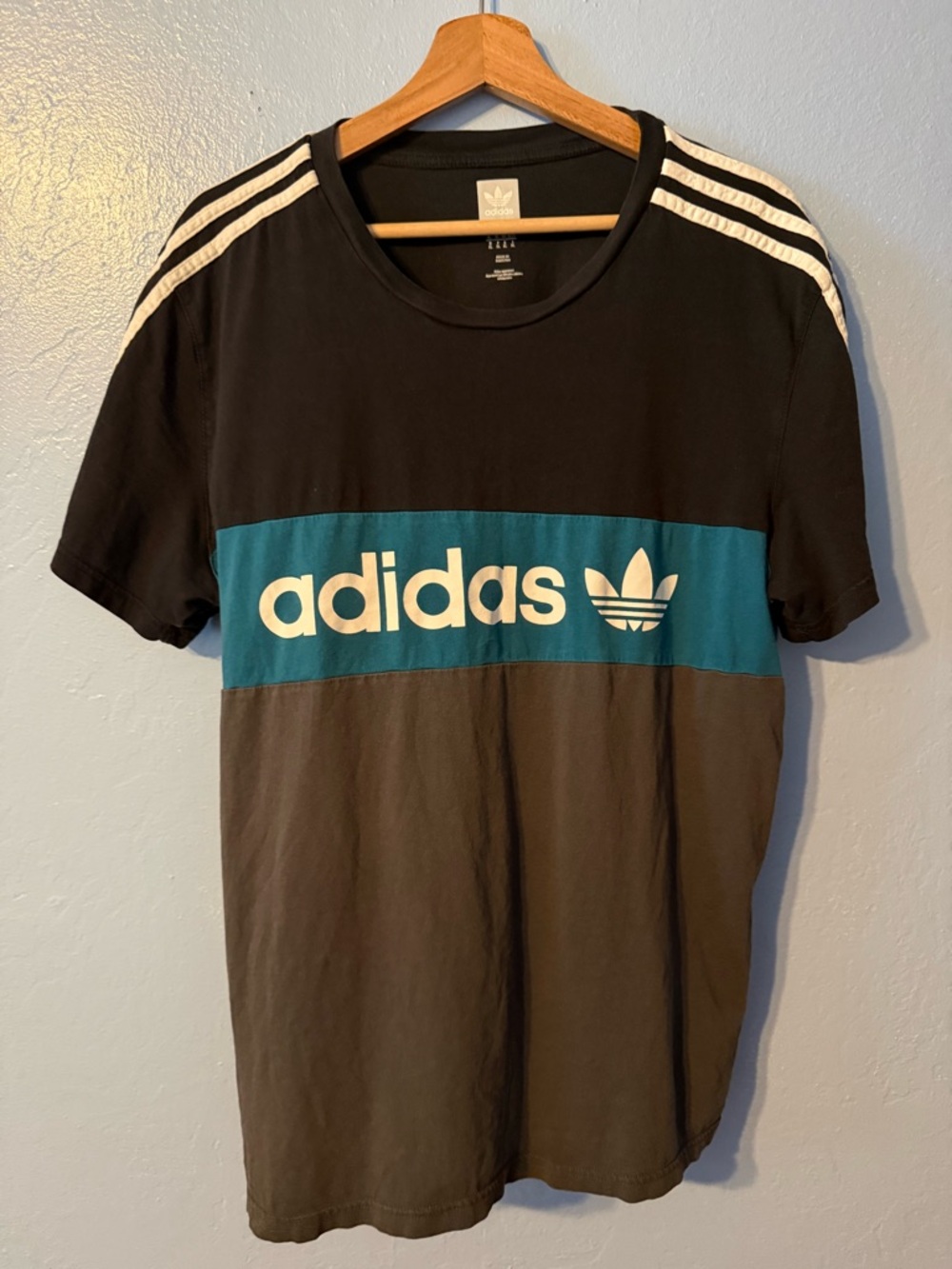 adidas Black Teal Gray Logo Crew Neck Short Sleeve Tee